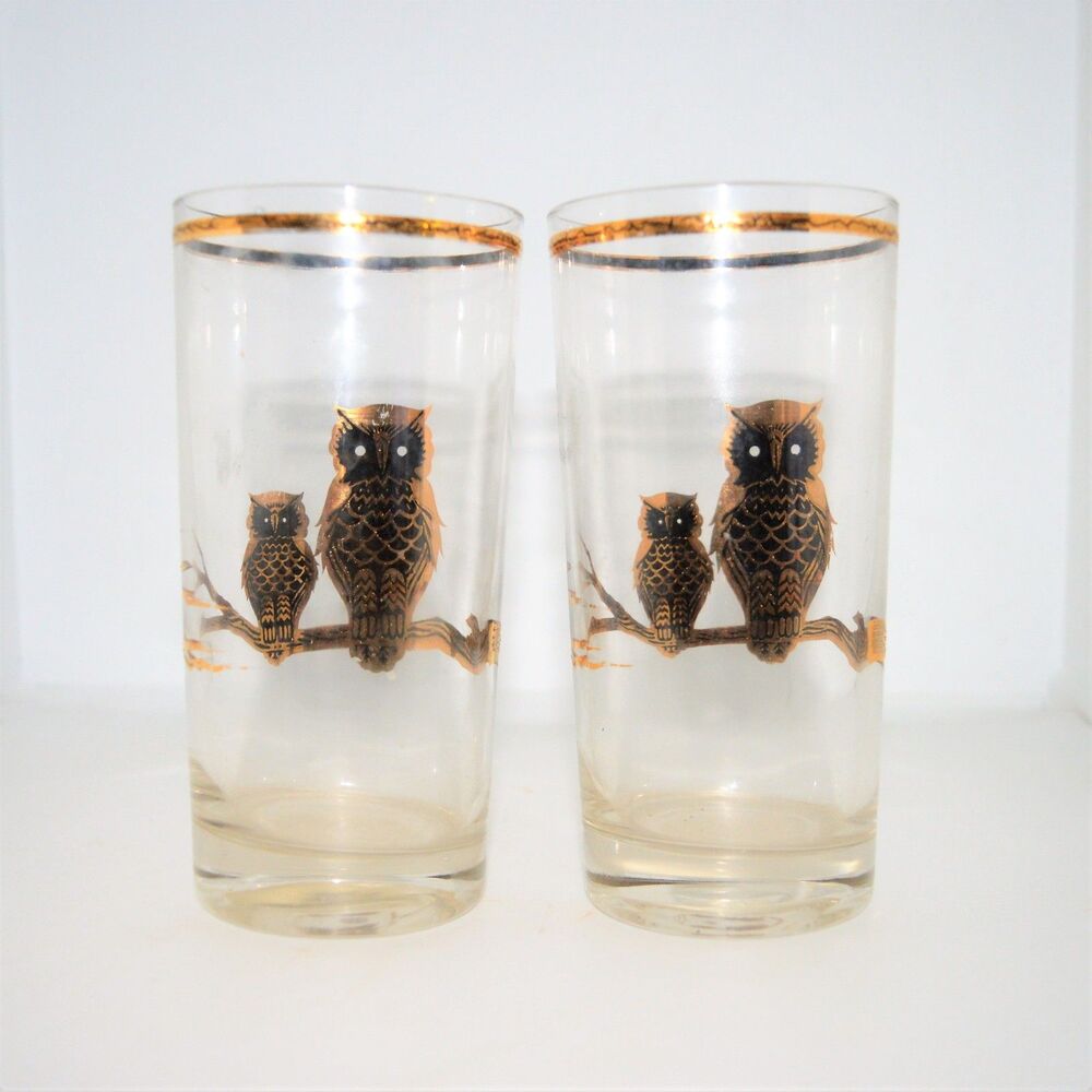 Owl glasses Pair of Culver Gold Owls Highball Glasses, Mid Century Barware